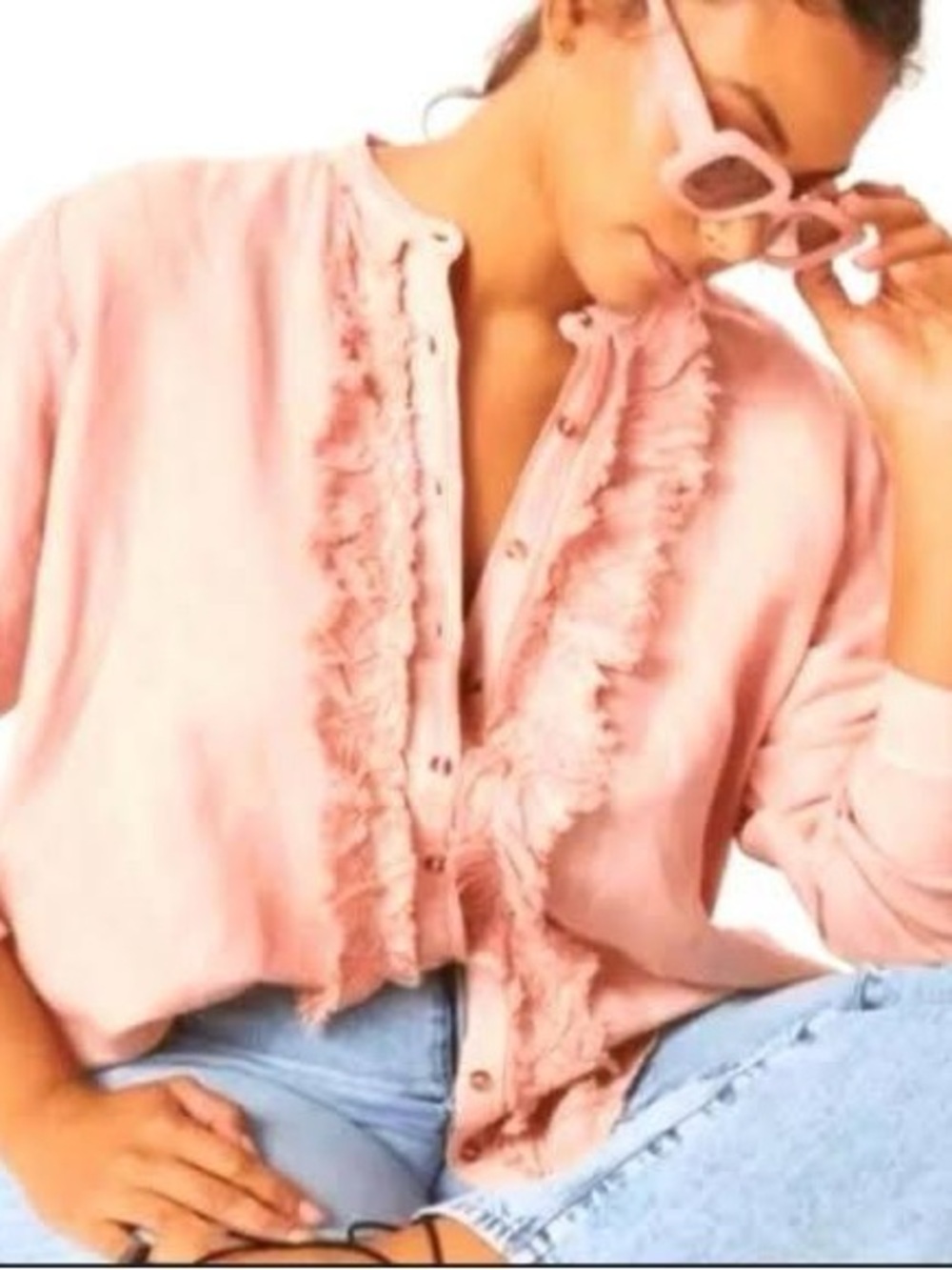 Anthropologie Pilcro Ruffled Placket Shirt Peach Pink M